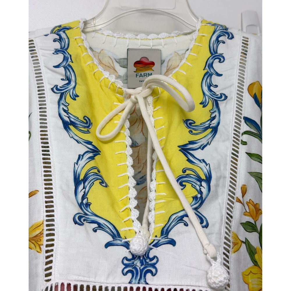 Farm Rio Sicily Scarf Lemon Print Mini Dress Yellow Fruit Floral Linen L - Picture 4 of 16